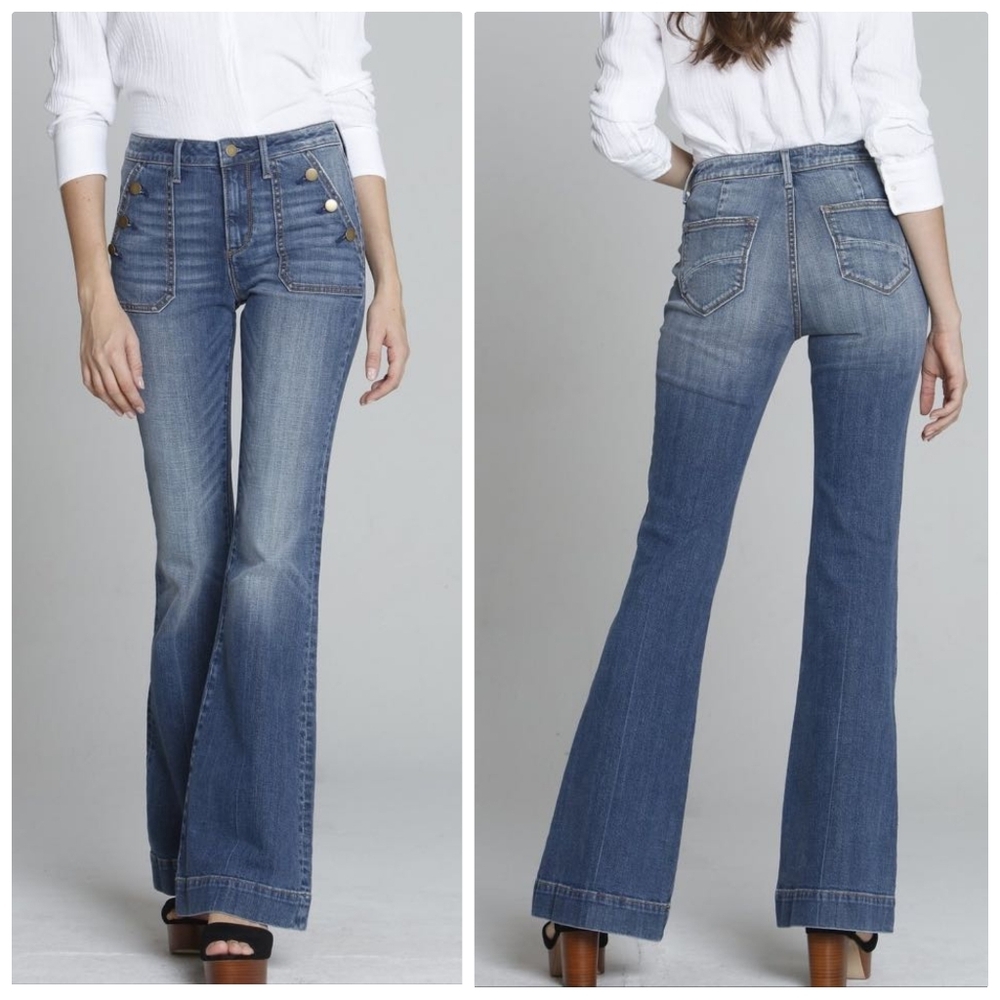 Driftwood Farrah Flare Jeans 28 Mid Rise Button Pocket Sailor Denim Boho Hippie